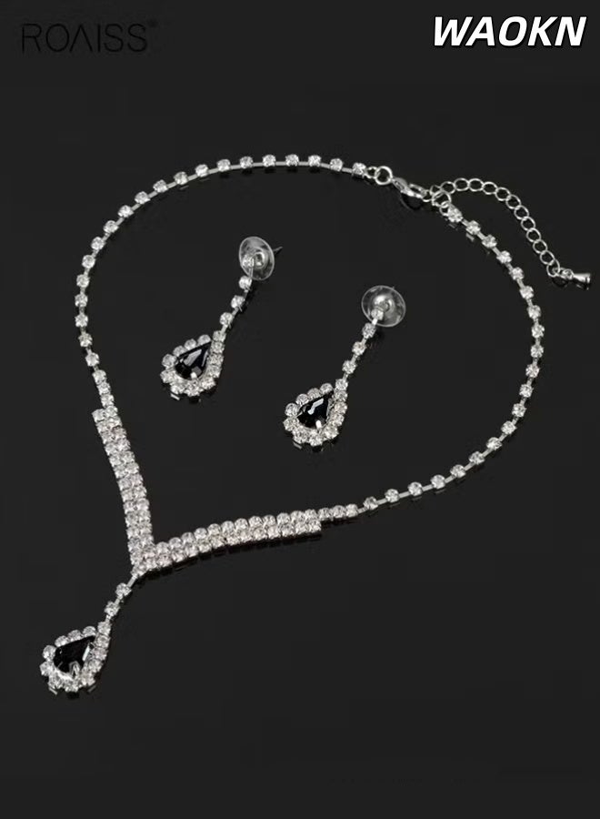 WAOKN 2 Piece Jewelry Set of Necklace and Earrings Shiny teardrop shape Diamond Chic Rhinestone Decor Jewellery Set , suitable for Women , Ladies , Gift for Girlfriend Wife Mother Bridesmaids Wedding Party Accessories , unisex , black. - Image 4